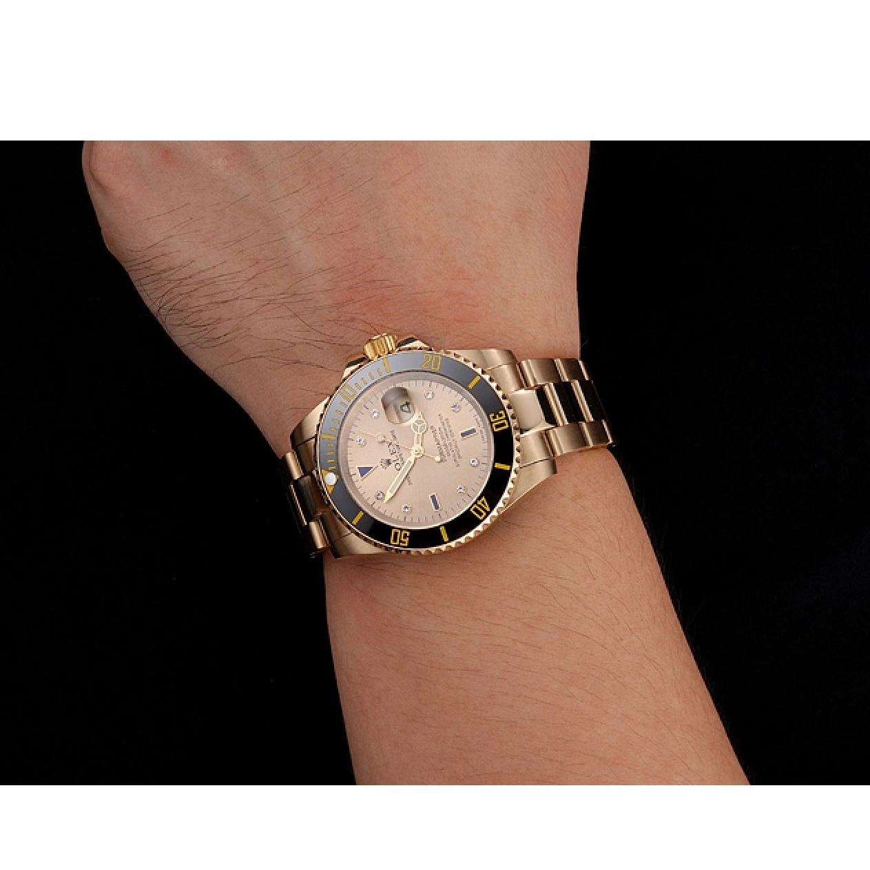 Best AAA Replica Sites Bracelet Dial Case Diamond Rolex Gold With Black Yellow Markings Gold Bezel And Submariner Swiss 0717